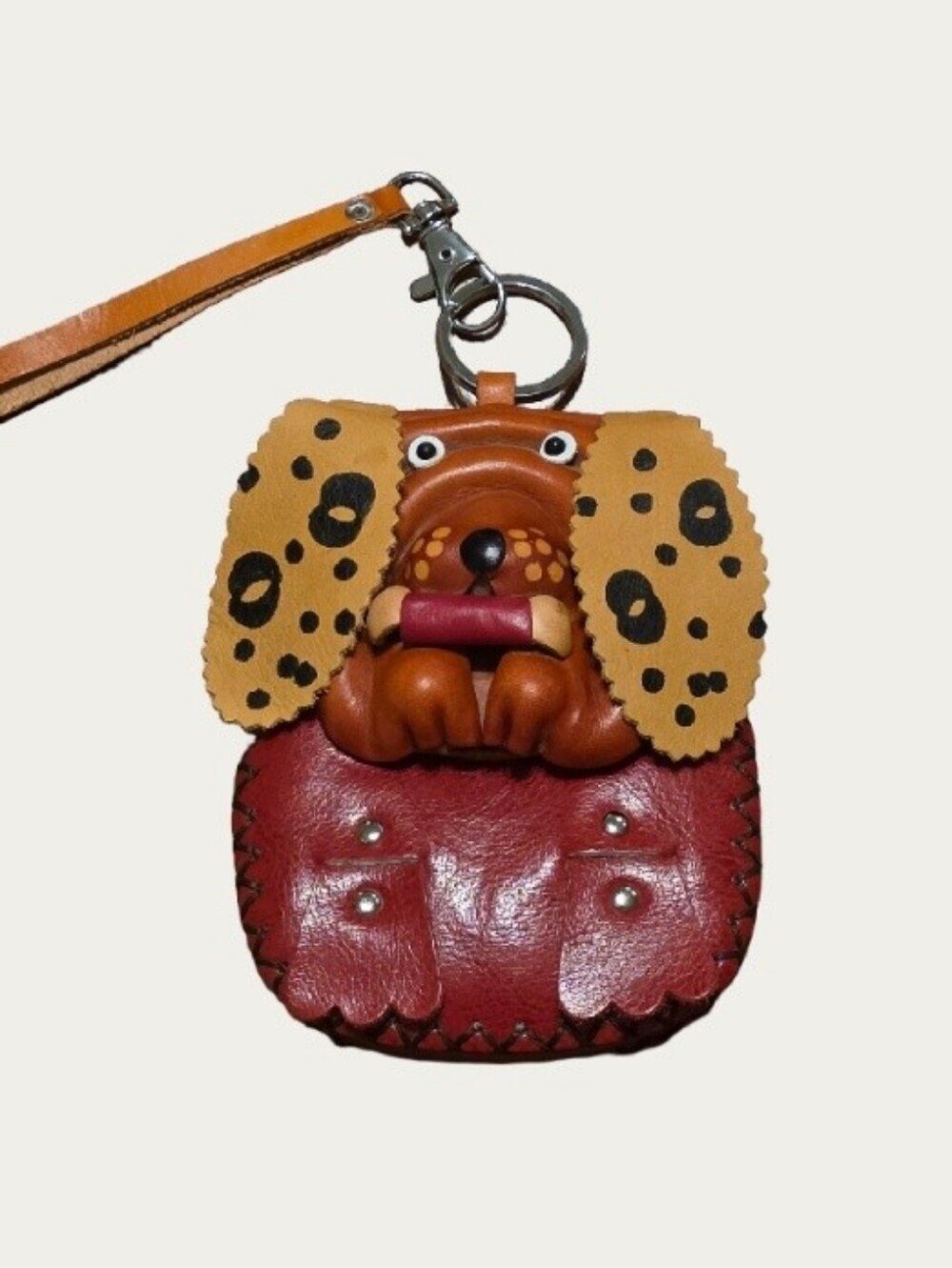 Adorable Handmade Vintage 3D Tooled Leather Dog Coin Purse Wristlet Bag Charm🐾
